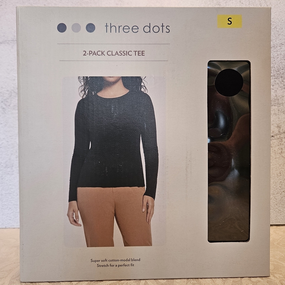 Three Dots 2-Pack Classic Tee, Long Sleeves, Black (Not Grey), Small, NWT